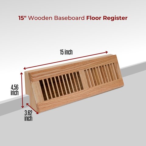 15" Oak Wood Corner Baseboard Register, Adjustable Vent Cover