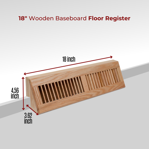 18" Oak Wood Corner Baseboard Register, Adjustable Vent Cover