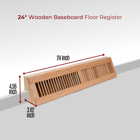 24" Oak Wood Corner Baseboard Register, Adjustable Vent Cover