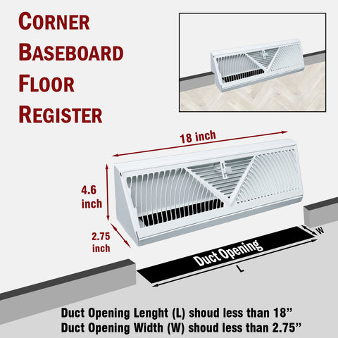 18" White Steel Corner Baseboard Register, Round Airflow Adjustable Vent Cover