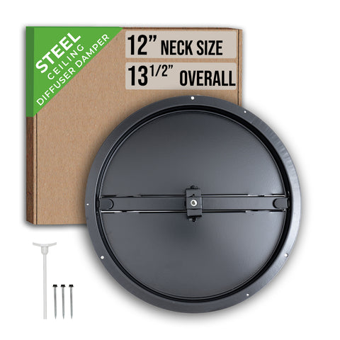 12" Black Steel Butterfly Damper for Round Ceiling Diffuser, Plastic Key Handle
