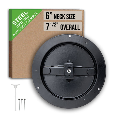 6" Black Steel Butterfly Damper for Round Ceiling Diffuser, Plastic Key Handle