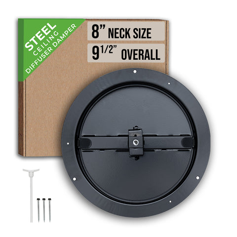 8" Black Steel Butterfly Damper for Round Ceiling Diffuser, Plastic Key Handle
