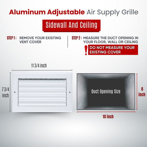 10"x6" 1-Way White Aluminum Adjustable Curved Blade Supply Register, Air Vent Cover with Damper for Sidewall Or Ceiling