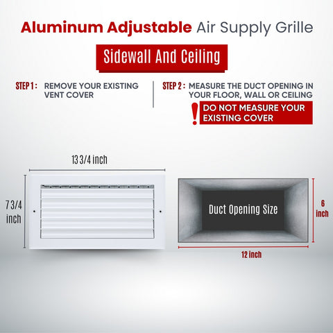 12"x6" 1-Way White Aluminum Adjustable Curved Blade Supply Register, Air Vent Cover with Damper for Sidewall Or Ceiling