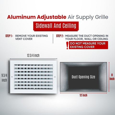 12"x8" 1-Way White Aluminum Adjustable Curved Blade Supply Register, Air Vent Cover with Damper for Sidewall Or Ceiling