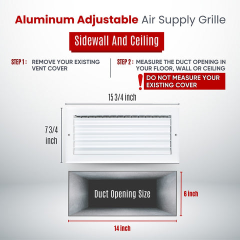 14"x6" 1-Way White Aluminum Adjustable Curved Blade Supply Register, Air Vent Cover with Damper for Sidewall Or Ceiling