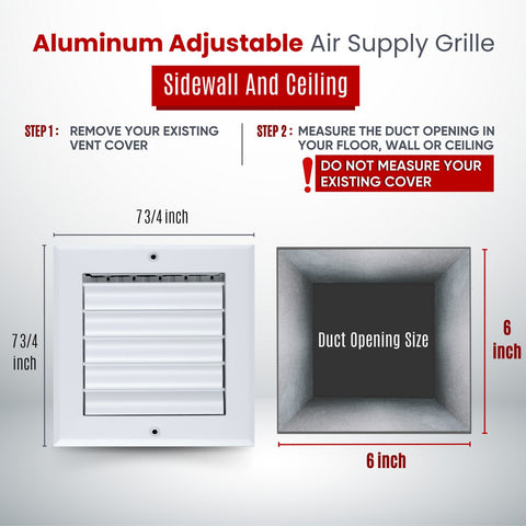6"x6" 1-Way White Aluminum Adjustable Curved Blade Supply Register, Air Vent Cover with Damper for Sidewall Or Ceiling