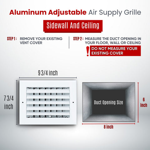 8"x6" 1-Way White Aluminum Adjustable Curved Blade Supply Register, Air Vent Cover with Damper for Sidewall Or Ceiling