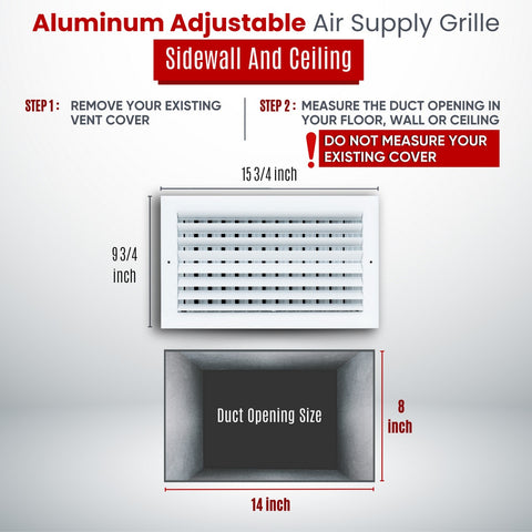 14"x8" 2-Way White Aluminum Adjustable Curved Blade Supply Register, Air Vent Cover with Damper for Sidewall Or Ceiling