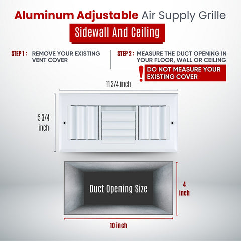 10"x4" 3-Way White Aluminum Adjustable Curved Blade Supply Register, Air Vent Cover with Damper for Sidewall Or Ceiling