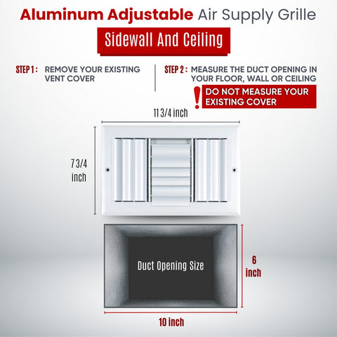 10"x6" 3-Way White Aluminum Adjustable Curved Blade Supply Register, Air Vent Cover with Damper for Sidewall Or Ceiling