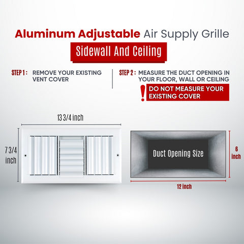 12"x6" 3-Way White Aluminum Adjustable Curved Blade Supply Register, Air Vent Cover with Damper for Sidewall Or Ceiling