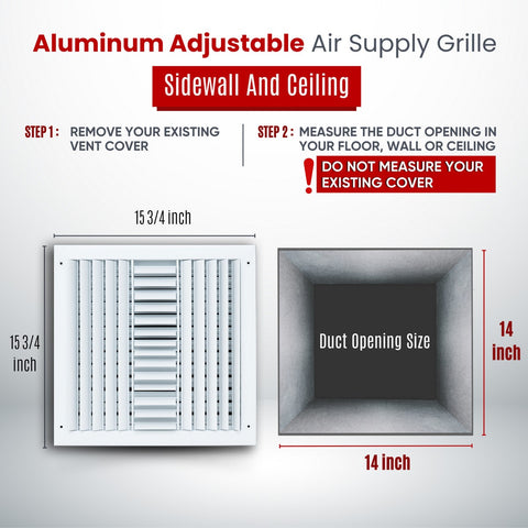 14"x14" 3-Way White Aluminum Adjustable Curved Blade Supply Register, Air Vent Cover with Damper for Sidewall Or Ceiling