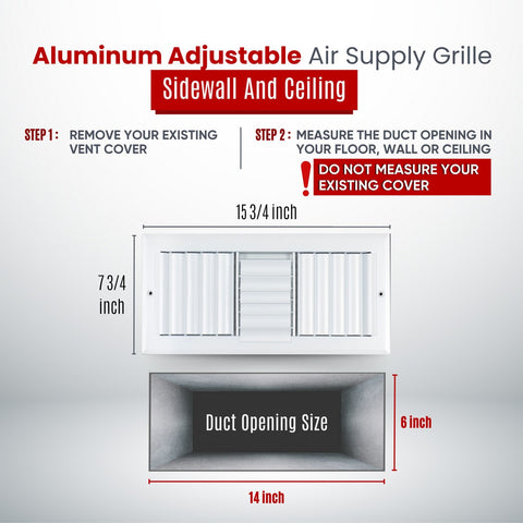 14"x6" 3-Way White Aluminum Adjustable Curved Blade Supply Register, Air Vent Cover with Damper for Sidewall Or Ceiling