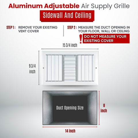 14"x8" 3-Way White Aluminum Adjustable Curved Blade Supply Register, Air Vent Cover with Damper for Sidewall Or Ceiling