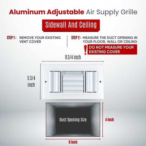 8"x4" 3-Way White Aluminum Adjustable Curved Blade Supply Register, Air Vent Cover with Damper for Sidewall Or Ceiling