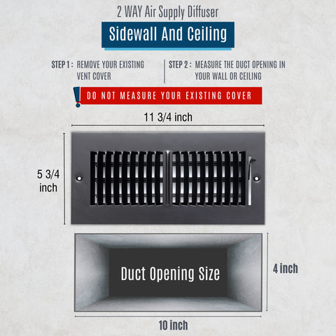 10"x4" 2-Way Black Steel Air Supply Diffuser, Directional Register Vent Cover for Sidewall Or Ceiling