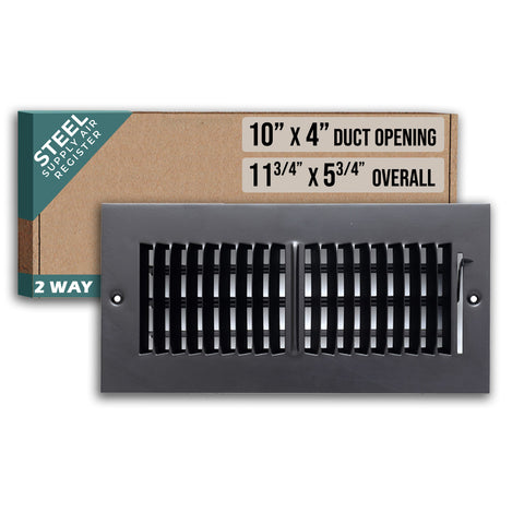 10"x4" 2-Way Black Steel Air Supply Diffuser, Directional Register Vent Cover for Sidewall Or Ceiling
