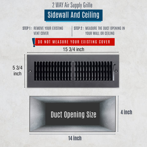 14"x4" 2-Way Black Steel Air Supply Diffuser, Directional Register Vent Cover for Sidewall Or Ceiling