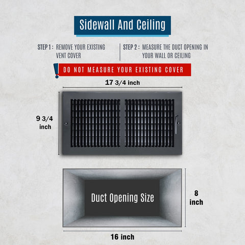 16"x8" 2-Way Black Steel Air Supply Diffuser, Directional Register Vent Cover for Sidewall Or Ceiling