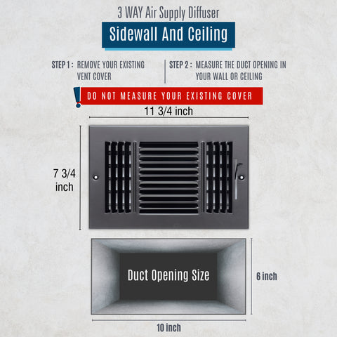 10"x6" 3-Way Black Steel Air Supply Diffuser, Directional Register Vent Cover for Sidewall Or Ceiling
