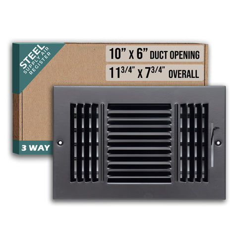 10"x6" 3-Way Black Steel Air Supply Diffuser, Directional Register Vent Cover for Sidewall Or Ceiling