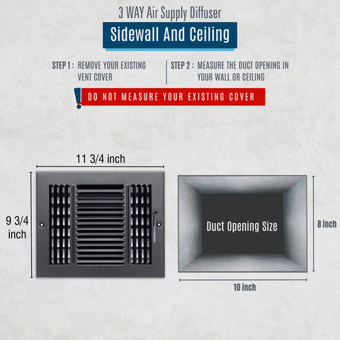 10"x8" 3-Way Black Steel Air Supply Diffuser, Directional Register Vent Cover for Sidewall Or Ceiling