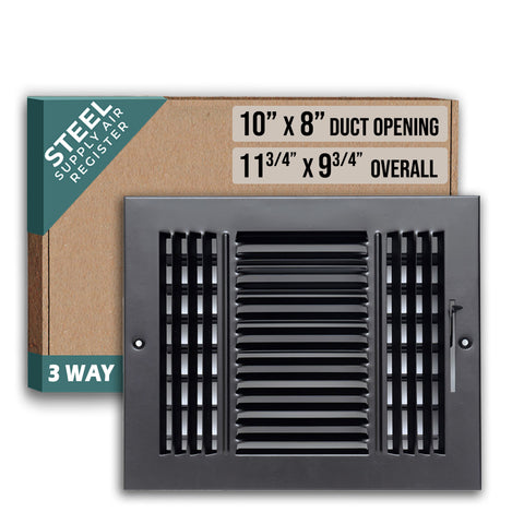 10"x8" 3-Way Black Steel Air Supply Diffuser, Directional Register Vent Cover for Sidewall Or Ceiling