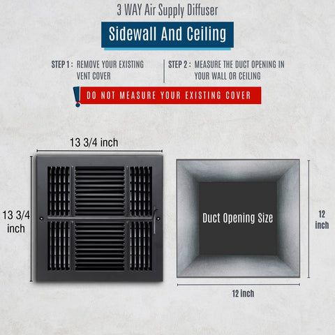 12"x12" 3-Way Black Steel Air Supply Diffuser, Directional Register Vent Cover for Sidewall Or Ceiling