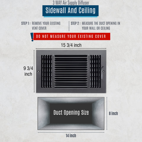 14"x8" 3-Way Black Steel Air Supply Diffuser, Directional Register Vent Cover for Sidewall Or Ceiling