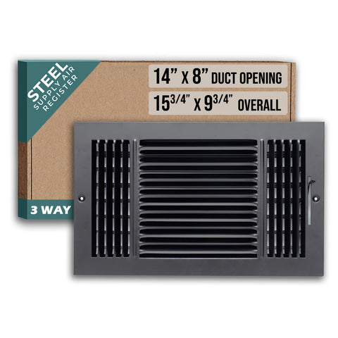 14"x8" 3-Way Black Steel Air Supply Diffuser, Directional Register Vent Cover for Sidewall Or Ceiling