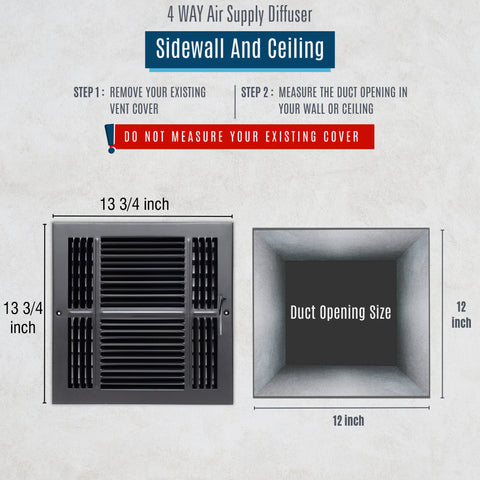 12"x12" 4-Way Black Steel Air Supply Diffuser, Directional Register Vent Cover for Sidewall Or Ceiling
