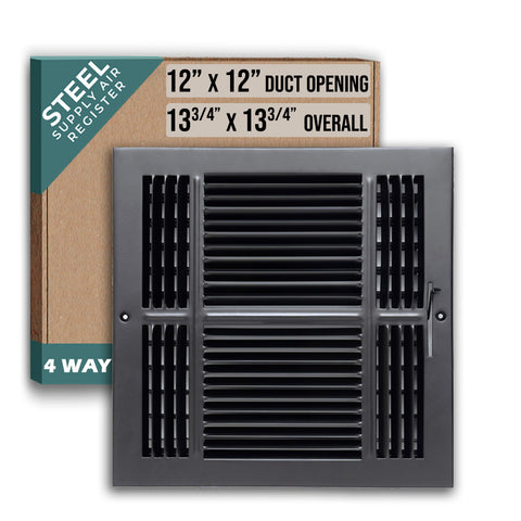12"x12" 4-Way Black Steel Air Supply Diffuser, Directional Register Vent Cover for Sidewall Or Ceiling