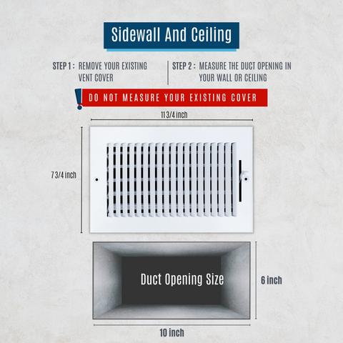 10"x6" 1-Way White Steel Air Supply Diffuser, Directional Register Vent Cover for Sidewall Or Ceiling