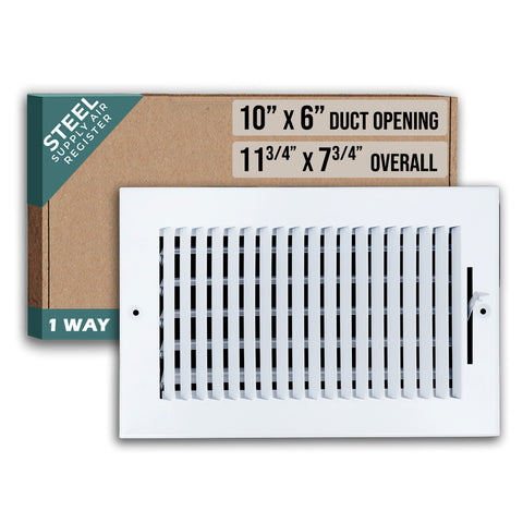 10"x6" 1-Way White Steel Air Supply Diffuser, Directional Register Vent Cover for Sidewall Or Ceiling