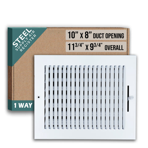10"x8" 1-Way White Steel Air Supply Diffuser, Directional Register Vent Cover for Sidewall Or Ceiling