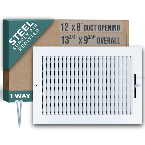 12"x8" 1-Way White Steel Air Supply Diffuser, Directional Register Vent Cover for Sidewall Or Ceiling