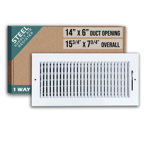 14"x6" 1-Way White Steel Air Supply Diffuser, Directional Register Vent Cover for Sidewall Or Ceiling