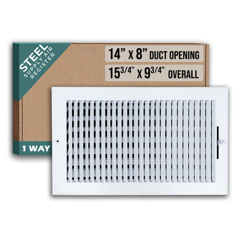 14"x8" 1-Way White Steel Air Supply Diffuser, Directional Register Vent Cover for Sidewall Or Ceiling