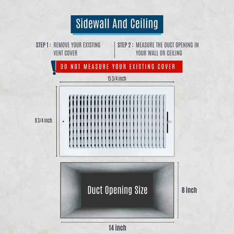 14"x8" 1-Way White Steel Air Supply Diffuser, Directional Register Vent Cover for Sidewall Or Ceiling