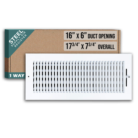 16"x6" 1-Way White Steel Air Supply Diffuser, Directional Register Vent Cover for Sidewall Or Ceiling