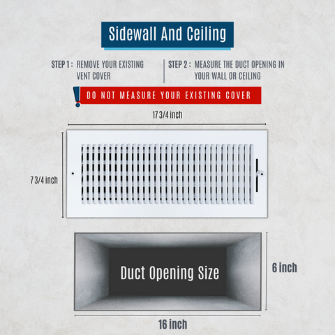 16"x6" 1-Way White Steel Air Supply Diffuser, Directional Register Vent Cover for Sidewall Or Ceiling