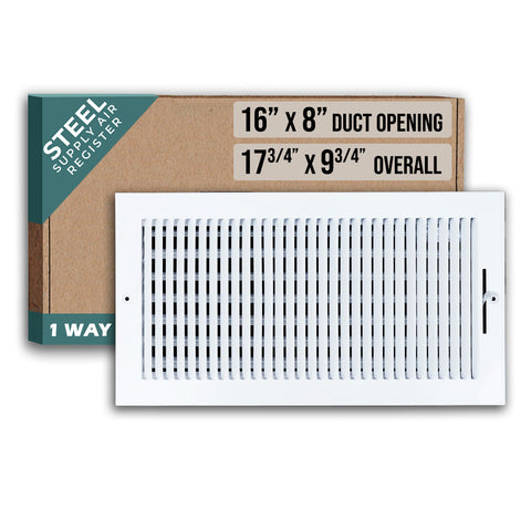 16"x8" 1-Way White Steel Air Supply Diffuser, Directional Register Vent Cover for Sidewall Or Ceiling