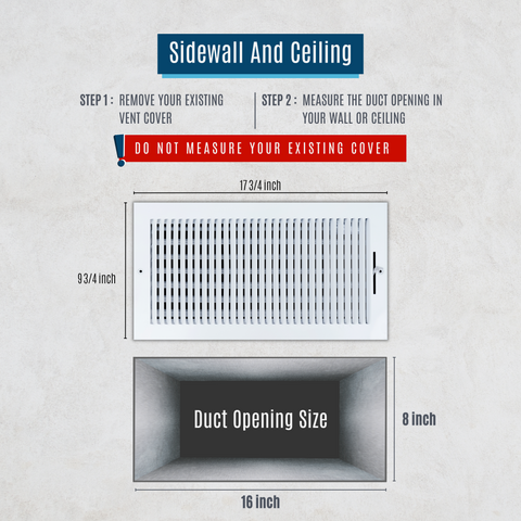 16"x8" 1-Way White Steel Air Supply Diffuser, Directional Register Vent Cover for Sidewall Or Ceiling