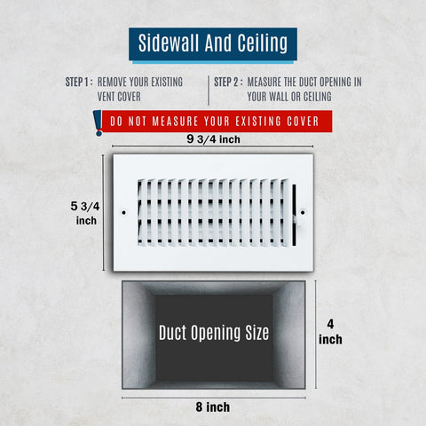 8"x4" 1-Way White Steel Air Supply Diffuser, Directional Register Vent Cover for Sidewall Or Ceiling
