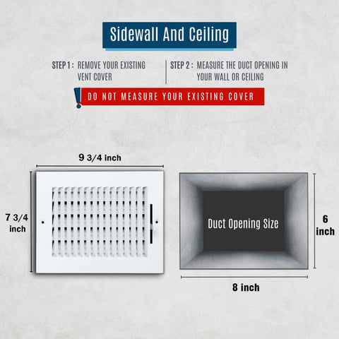 8"x6" 1-Way White Steel Air Supply Diffuser, Directional Register Vent Cover for Sidewall Or Ceiling