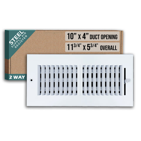 10"x4" 2-Way White Steel Air Supply Diffuser, Directional Register Vent Cover for Sidewall Or Ceiling