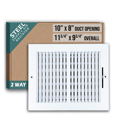 10"x8" 2-Way White Steel Air Supply Diffuser, Directional Register Vent Cover for Sidewall Or Ceiling