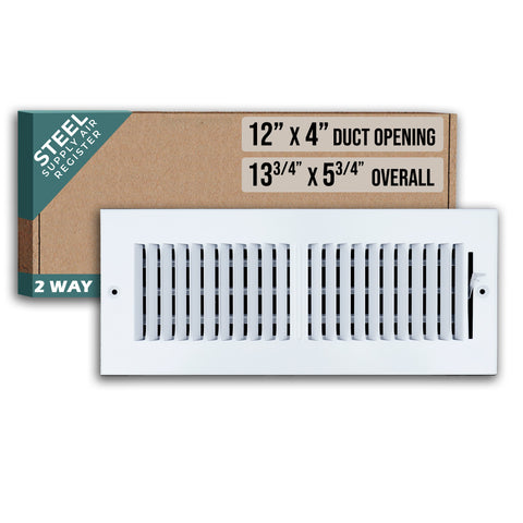 12"x4" 2-Way White Steel Air Supply Diffuser, Directional Register Vent Cover for Sidewall Or Ceiling